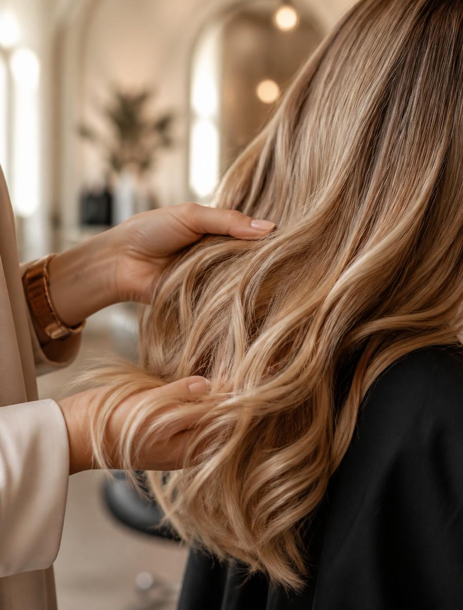 Detal atelier fryzjerskiego — dłonie stylistki układające pasma blond