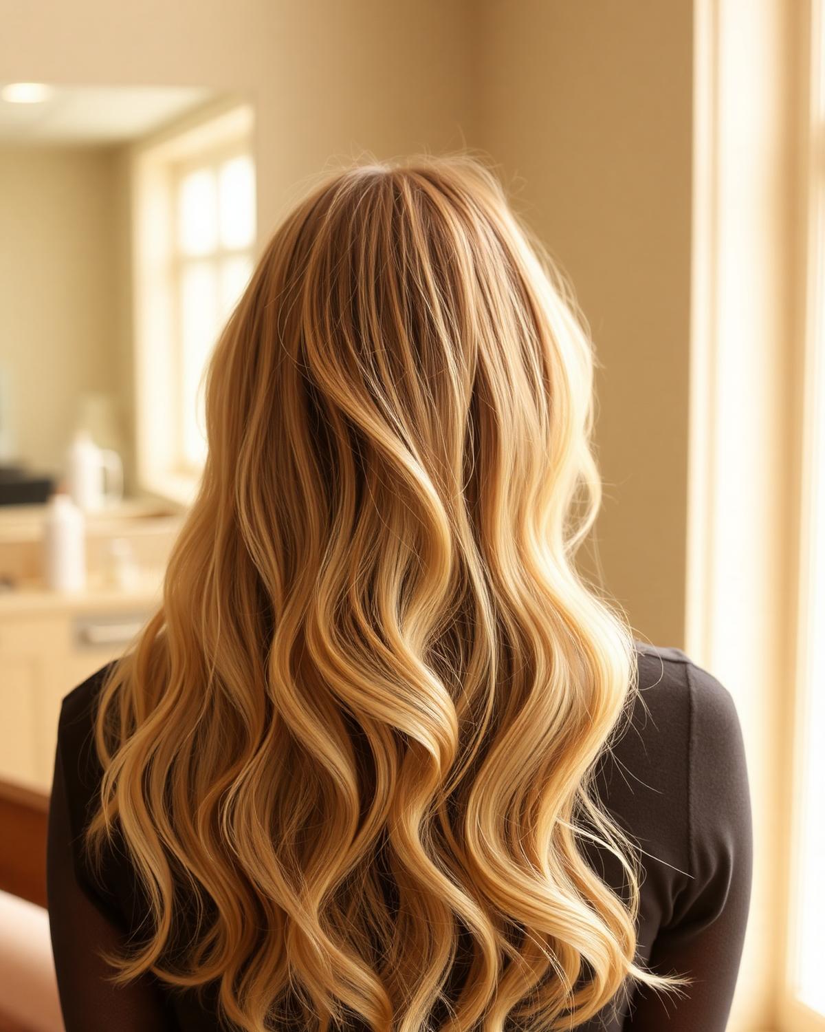 Długie, zdrowe blond włosy z falami — kadr od tyłu w atelier fryzjerskim